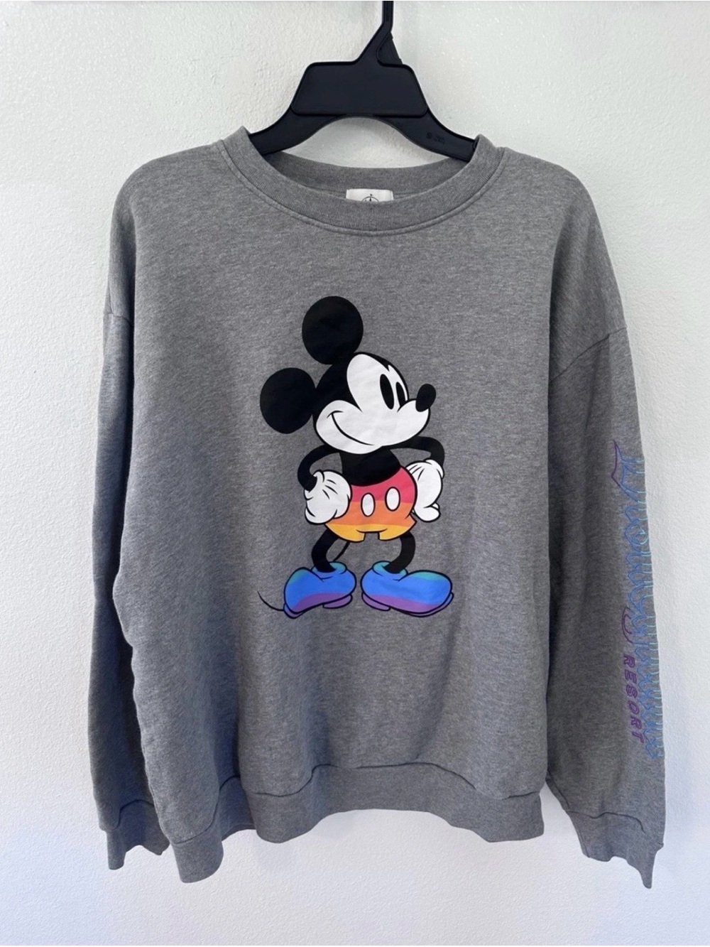 Disney Gray Crewneck Sweater with Rainbow Mickey Graphic